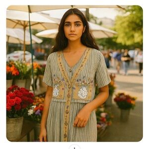 VTG 90s Papy Boez Midi Dress S/M Embroidered Floral Cottage Granny Prairie Bird